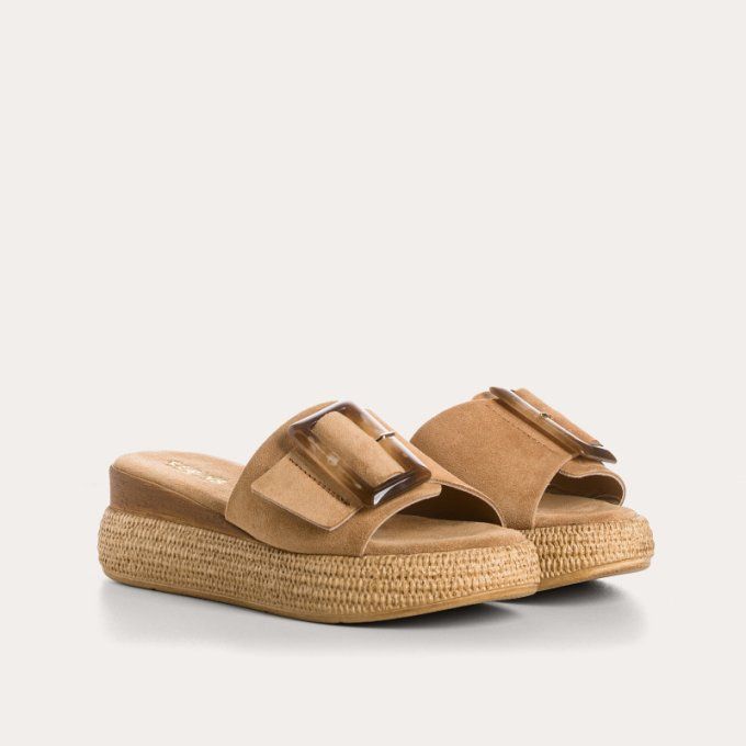 Reqins Mules YAELLE en cuir velours camel